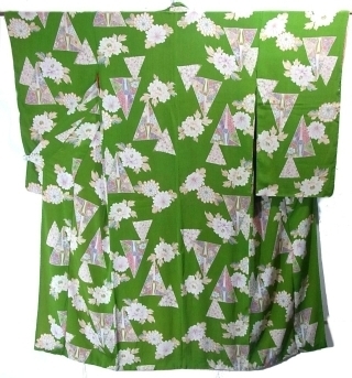 アンティーク　折り鶴と花のグリーン地錦紗